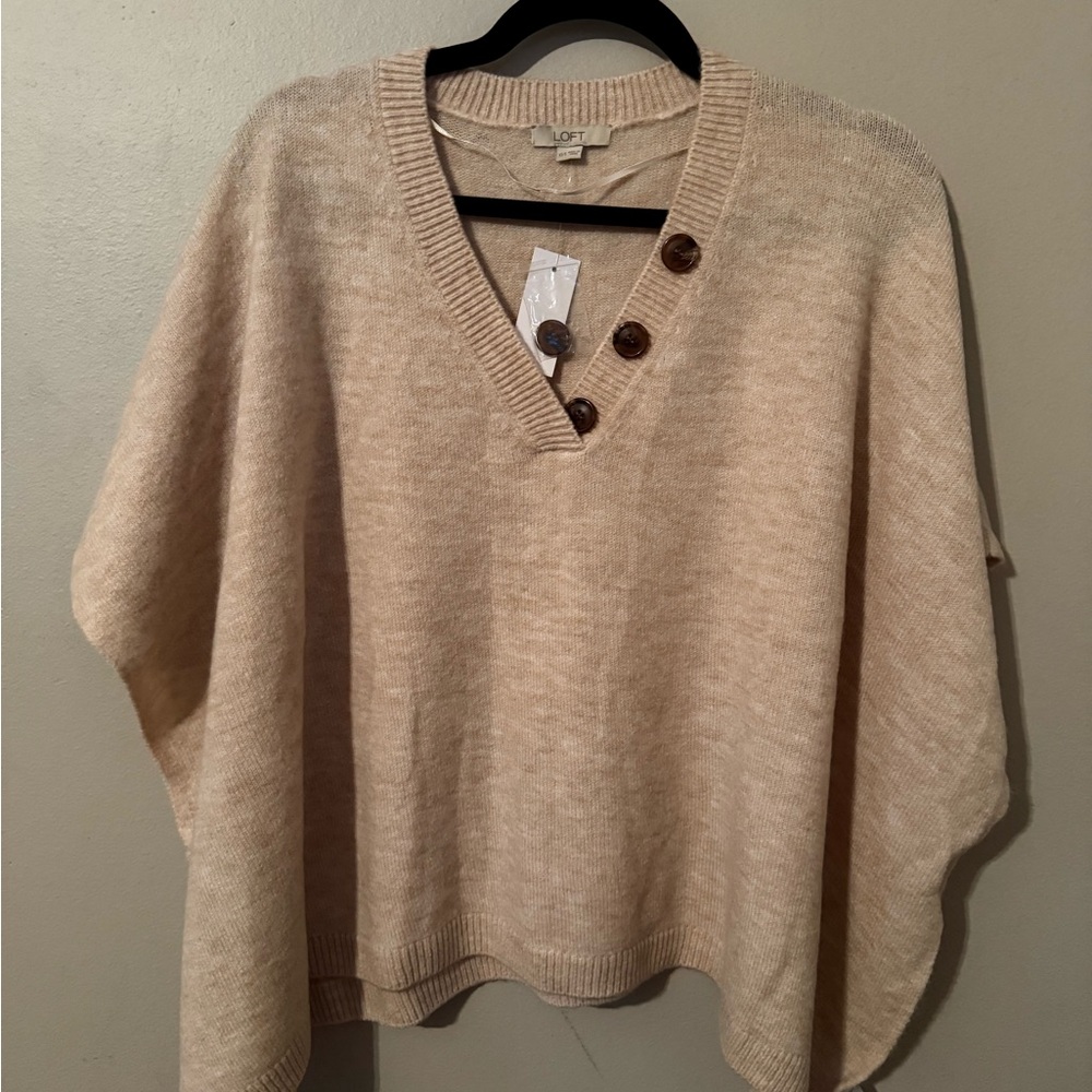 LOFT Cream V-Neck Poncho with Button Accents
